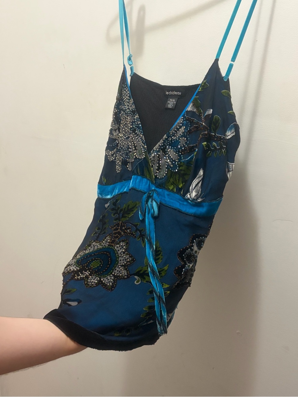 le chateau Teal and Navy Floral Beaded Silk Cami - Picture 5 of 5